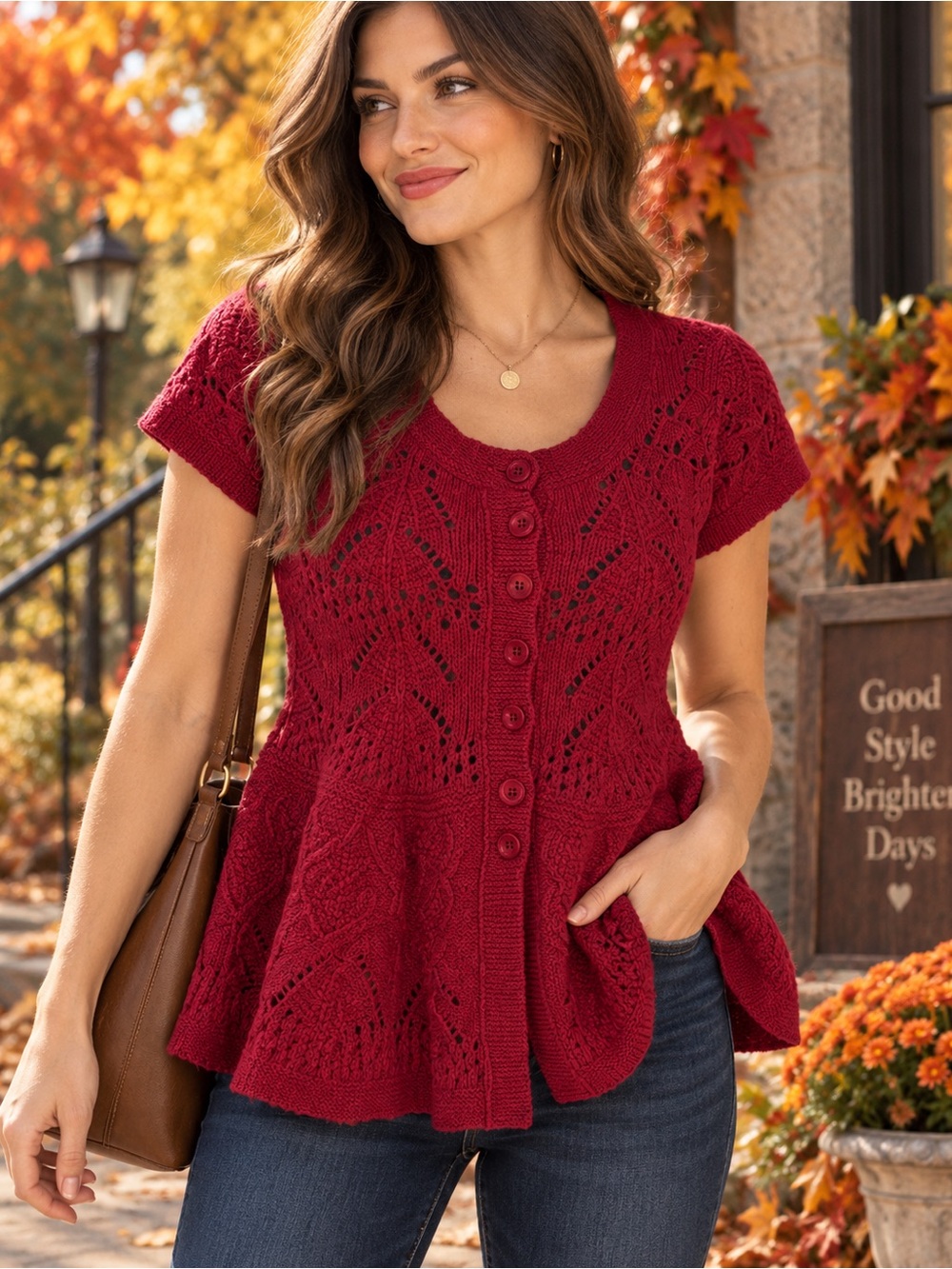 Sparrow Women’s Large Deep Red Burgundy Crochet Knit Peplum Cardigan Button Fron